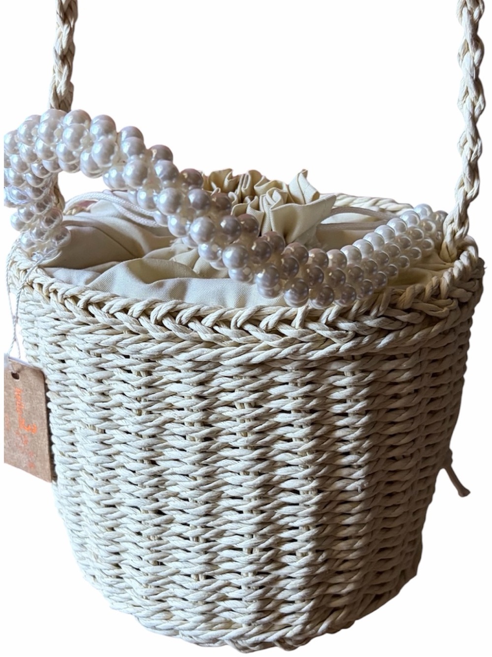 Cream Woven Crossbody Bag with Pearl Handle